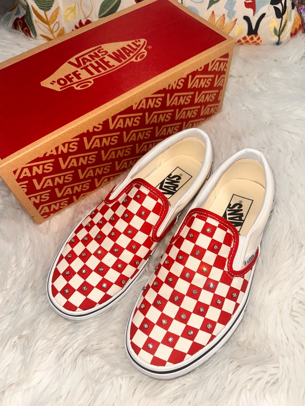 Vans • Classic Slip On Checkerboard Red Rhinestone Bling